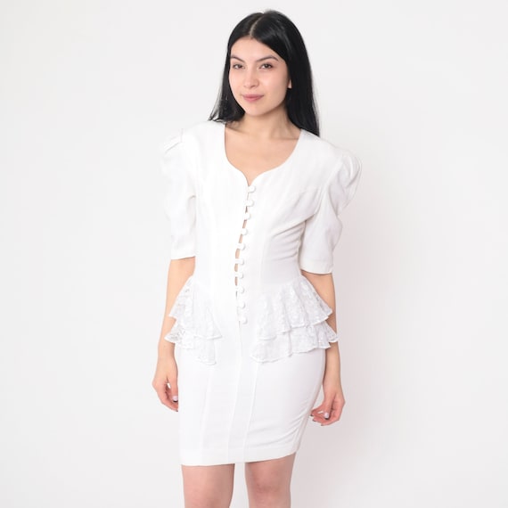 80s Sheath Dress White Lace Peplum Pencil Dress Mini Puff Sleeve Secretary Dress Button Up Wiggle 1980s Vintage Plain Simple Extra Small xs