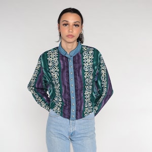 Abstract Blouse 90s Button Up Shirt Striped Print Top Long Sleeve High Neck Artsy Purple Green Blue Wrangler Vintage 1990s Cotton Large L