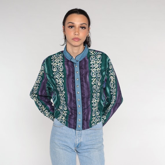 Abstract Blouse 90s Button Up Shirt Striped Print Top Long Sleeve High Neck Artsy Purple Green Blue Wrangler Vintage 1990s Cotton Large L