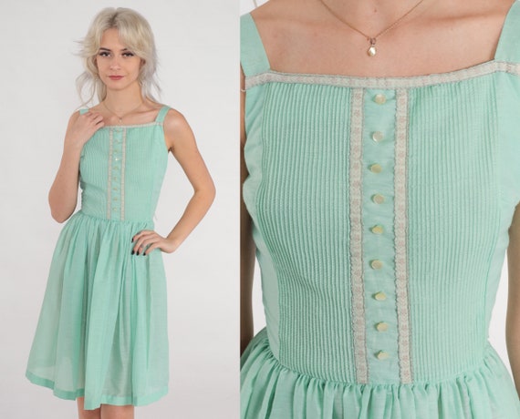 60s Sundress Mint Green Mini Dress Retro Day Dres… - image 1