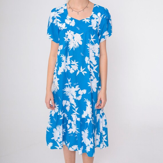 80s Blue Floral Sleeveless Maxi Dress With Smocking By Aloha Hut
