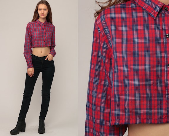 Checkered Shirt 80s CROP TOP Plaid Blouse Button Up Shirt Red Blue 1980s Long Sleeve Shirt Vintage Hipster Retro Small Medium