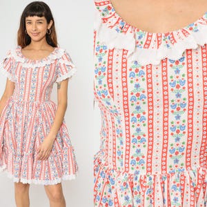 70s Bird Print Prairie Dress Floral Cottagecore Dress Mini Bohemian Peasant Tiered Square Dance Boho Vintage Lace High Waisted 1970s Small 4