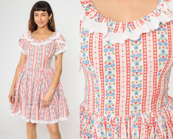 70s Bird Print Prairie Dress Floral Cottagecore Dress Mini Bohemian Peasant Tiered Square Dance Boho Vintage Lace High Waisted 1970s Small 4
