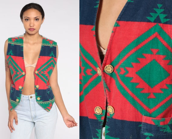 90s Southwestern Vest Red Blue Boho Geometric Shirt Western Hippie Blouse Bohemian Button Up Sleeveless Retro Hipster Vintage 1990s Medium M