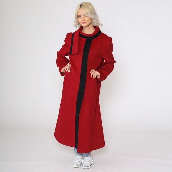 Vintage 80s Wool Coat Red Black Trim Long Overcoat Attached Scarf Long Coat Puff Sleeve Winter Coat Vintage 1980s Medium