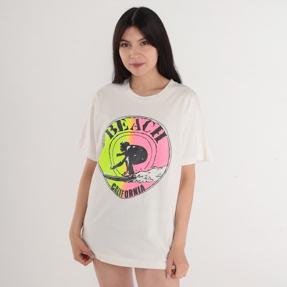 California Beach Shirt 90s Surf T-Shirt Retro Neon Surfer Graphic Tee Tourist Souvenir Tshirt Single Stitch White Vintage 1990s Medium Large