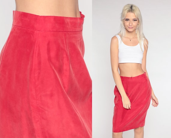 Red Silk Skirt 90s Pencil Skirt 1990s Vintage High Waist Wiggle Mini Skirt Secretary Skirt Plain Simple Staple Small 6