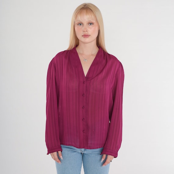 Purple Striped Blouse 80s Semi Sheer Button Up Shirt V Neck Long Sleeve Top Secretary Retro Basic Chic Preppy Berry Vintage 1980s Medium M