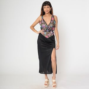 80s Floral Lace Nightgown Black Sheer Maxi Slip Dress with Side Slit Vintage Deep V Neck Sleepwear High Waist Negligee Dress Nightie Small S