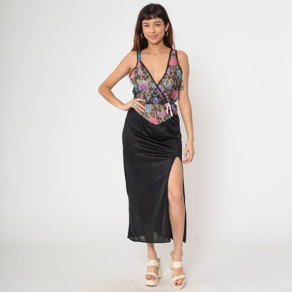 80s Floral Lace Nightgown Black Sheer Maxi Slip Dress with Side Slit Vintage Deep V Neck Sleepwear High Waist Dress Nightie Small S