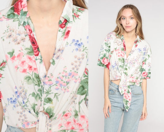 Tie Front Top 90s Floral Blouse Boho Retro Button Up Shirt Short Sleeve Collared Top Hippie Flower Print White Vintage 1990s Cotton Large L