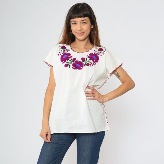 Vintage White Mexican Blouse Floral Embroidered Top Peasant Purple Hippie Boho Tunic Bohemian Smock Tent Shirt Large
