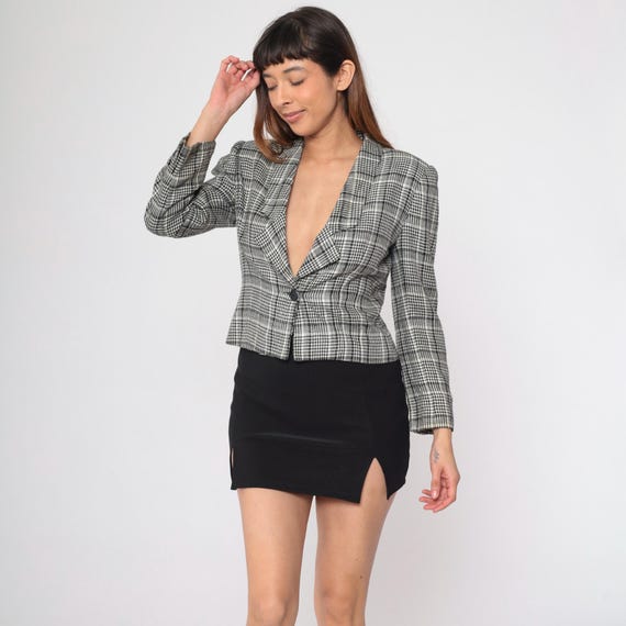 Vintage Houndstooth Blazer 90s Button up Jacket Black White Checkered Print V Neck Preppy Professional Tailored Academia 1990s Small Petite