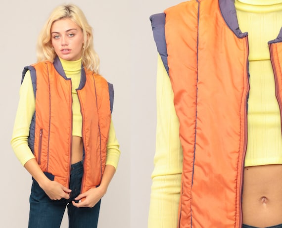 Sleeveless Jacket Ski Vest Puffer Vest 70s Vest Puffy Retro Winter Orange Vest 80s Hipster Vintage 1970s Medium