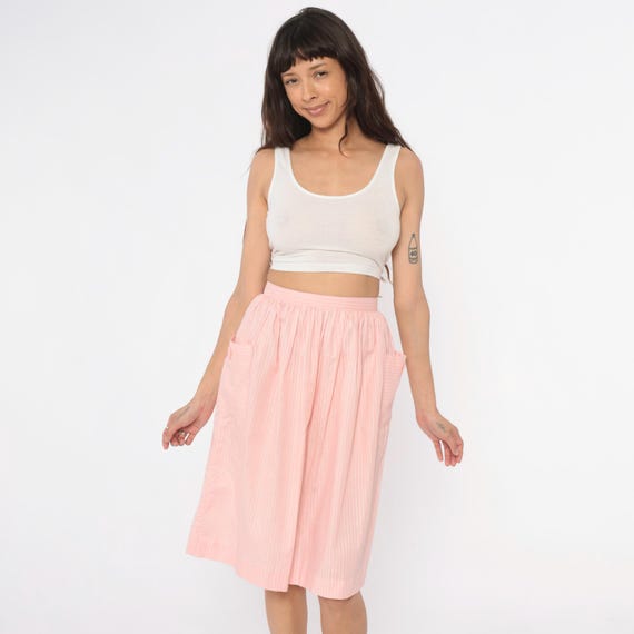 60s Pink Striped Skirt Cotton High Waist Mod Cottagecore Vintage 1960s Pleated Summer Spring Pastel Preppy Light Academia Extra Small XS