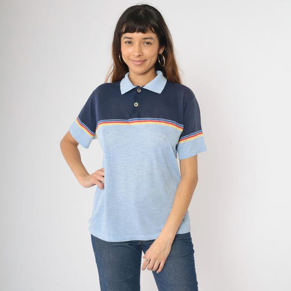 Vintage Striped Polo Shirt 80s Baby Blue Color Block Collared T-shirt Retro Quarter Button Up Preppy Basic Casual Navy Red 1980s Medium