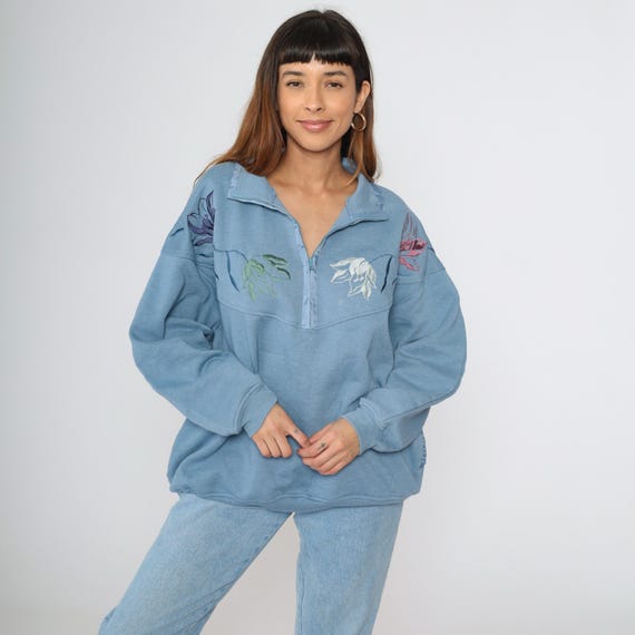 Vintage Blue Floral Sweatshirt 90s Embroidered Quarter Zip Up Shirt Graphic Slouchy 1990s Collared Retro Pullover Oversize Extra Large xl
