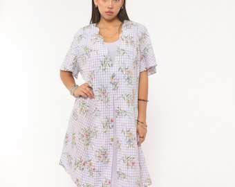 Lavender Gingham Floral Dress 90s Lilac Flutter Sleeve A Line Purple White Check Garden Prairie Cottagecore Summer Vintage Extra Large XL