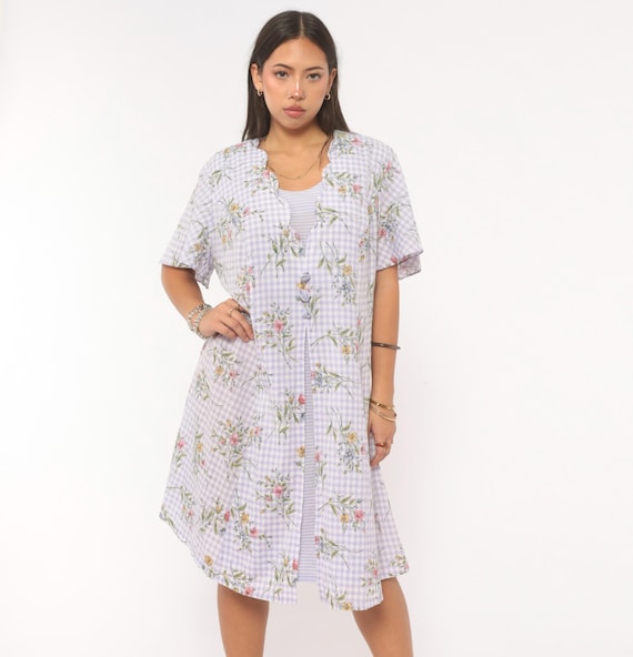 Lavender Gingham Floral Dress 90s Lilac Flutter Sleeve A Line Purple White Check Garden Prairie Cottagecore Summer Vintage Extra Large XL