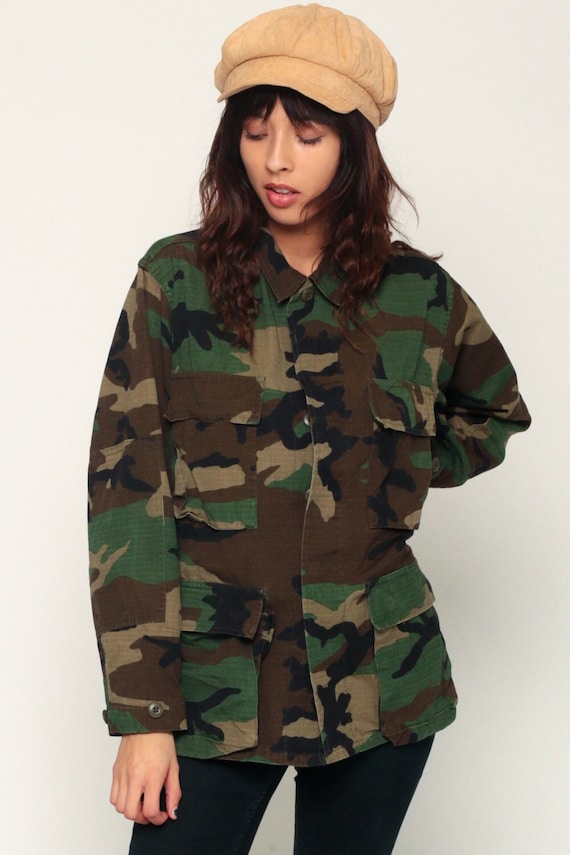 Camo Jacket ARMY Jacket Camouflage Jacket Military Olive Drab Grunge 80s Commando Cargo Field Vintage Hipster Goth Extra Small xs