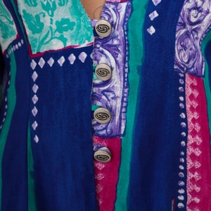 90s Front Slit Dress Blue Striped Floral Blouse Deep V Neck Button Up Shirt Mini Dress Retro Long Sleeve Top Casual 1990s Vintage Medium zdjęcie 6