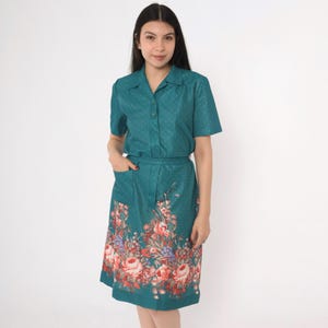 Vintage 70s Floral Midi Dress Mod Shirt Dress Polka Dot Button Up Shift Shirtdress Short Sleeve Teal Green 1970s Belted Medium M