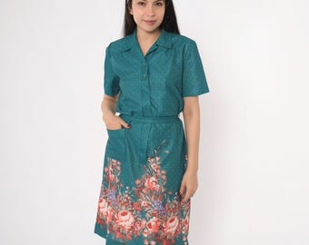 Vintage 70s Floral Midi Dress Mod Shirt Dress Polka Dot Button Up Shift Shirtdress Short Sleeve Teal Green 1970s Belted Medium M