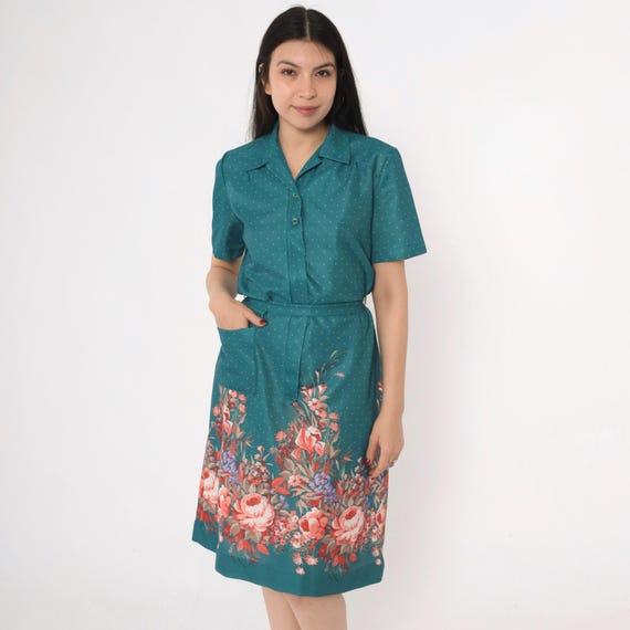 Vintage 70s Floral Midi Dress Mod Shirt Dress Polka Dot Button Up Shift Shirtdress Short Sleeve Teal Green 1970s Belted Medium M