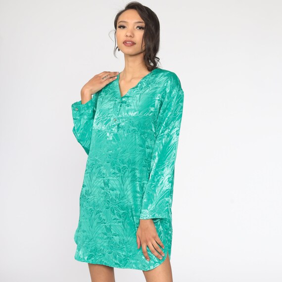 Embossed Floral Dress 90s Green Floral Mini Slip … - image 3