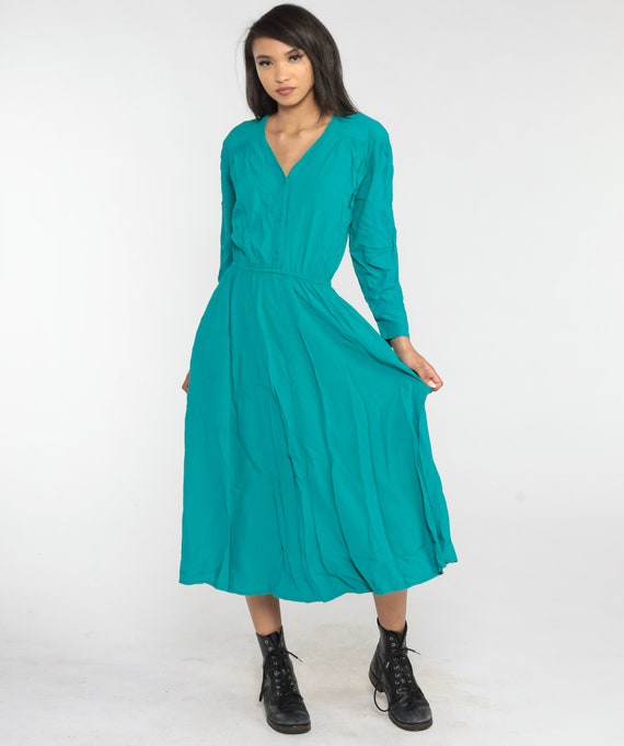 Teal Maxi Dress Y2K Button Up Dress Ankle Length High Waisted Shirtwaist Retro Boho Girly Long Sleeve V Neck Feminine Vintage 00s Medium M