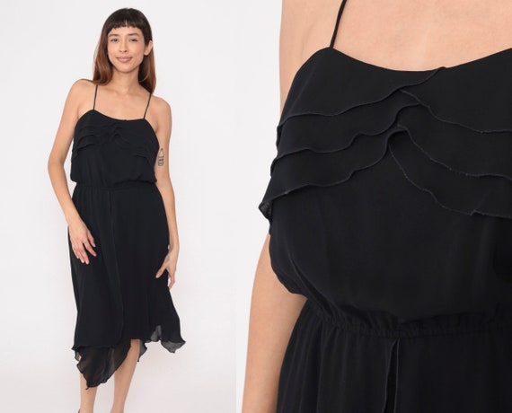 1970s Black Dress Ruffled Flounce Hanky Hem Bohemian Disco Grecian Midi 70s Boho Party Spaghetti Strap Vintage High Waisted Sexy Small S