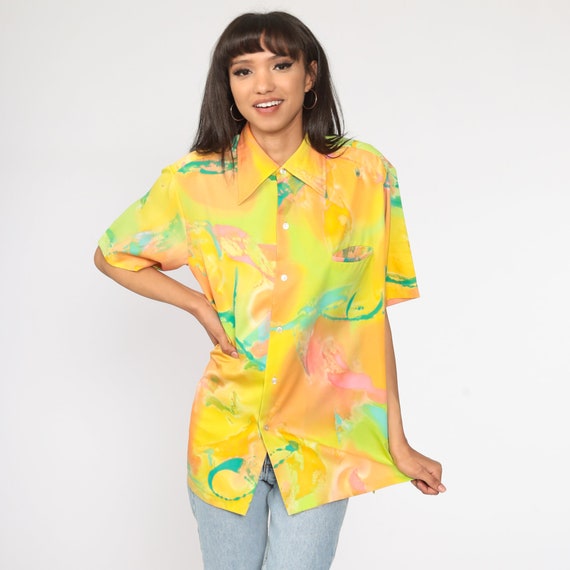 70s Boho Shirt Psychedelic Blouse Neon Yellow Acid Top Hippie 1970s Vintage Bohemian Button Up Short Sleeve Men's Extra Large xl