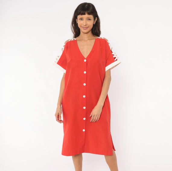 80s Red Button Front Dress Lace Up Cold Shoulder Sleeve Cotton V Neck White Criss Cross Cutout Strap Scarlet Cherry Vintage Womens Large L