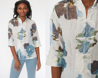 Transparent blommig skjorta Asiatiskinspirerad blus Cheongsam topp 90-tal MANDARINkrage Vit Boho Vintage Knäppning Boho Medium