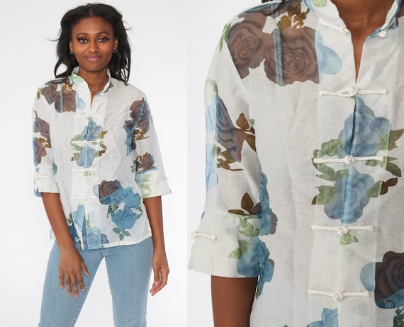 Sheer Floral Shirt Asian Inspired Blouse Cheongsam Top 90s MANDARIN Collar White Bohemian Vintage Button Up Boho Medium
