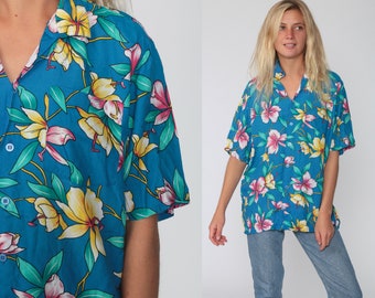 80/'s Women/'s Shirt Hawaiian Short Sleeve Blue Biege Maroon Floral Tropical Cotton Ramie Excellent Condition Vintage by WHISPERS Size L