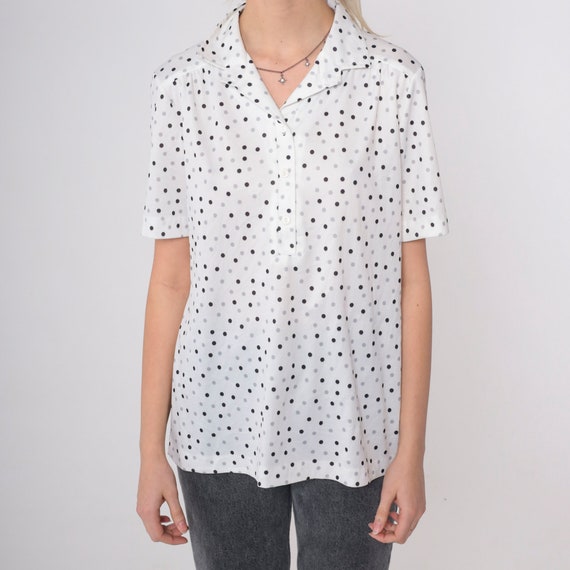 Polka Dot Blouse 70s Button Up Collared Shirt Whi… - image 7