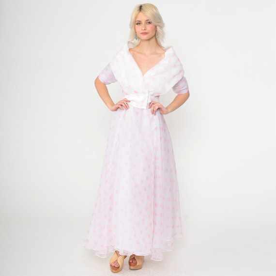 Polka Dot Chiffon Dress 90s White Portrait Collar Maxi Dress Old Hollywood Gown 1990s Formal Evening Party Dress Baby Pink Vintage Small 4