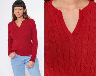 Lauren Ralph Lauren Sweater Y2K Red Cable Knit Pullover V Neck Sweater Top Preppy Tight Cotton Long Sleeve Vintage 00s Medium Petite P