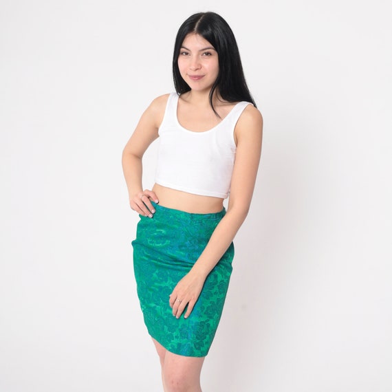 60s Floral Skirt Green Brocade Mini Skirt Blue Fo… - image 3
