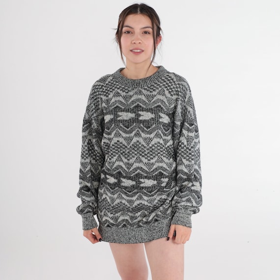 Geometric Sweater 90s Wool Blend Pullover Knit Sweater Abstract Triangle Striped Print Crewneck Jumper Grey Black White Vintage 1990s Large