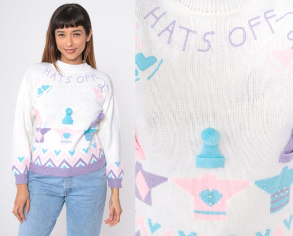 90s Ski Sweater Hats Off White Ice Skating Sweater Pastel Winter Sweater Snow Graphic Zig Zag Novelty Sweater Ice Skate Sweater Youth Large