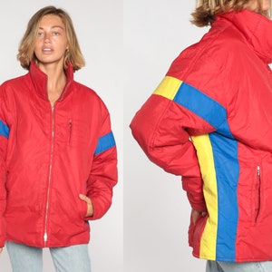 Red Ski Jacket 80s Striped Puffer Jacket Roffe Goose Down Jacket Puffy Zip Up Coat Plain Hipster Basic Winter Coat 1980s Vintage Men&#39;s Large