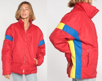 Red Ski Jacket 80s Striped Puffer Jacket Roffe Goose Down Jacket Puffy Zip Up Coat Plain Hipster Basic Winter Coat 1980s Vintage Men's Large