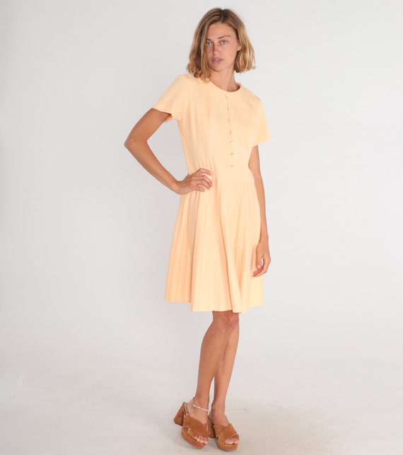 Peach Dress 70s Pleated Day Dress Button Up Short… - image 2