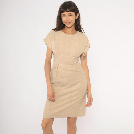 50s Whipstitch Neckline Dress Tan Fitted Pencil Skirt Cap Sleeve Sand Beige Wool Blend Sheath Vintage Frock Academic Preppy Extra Small XS