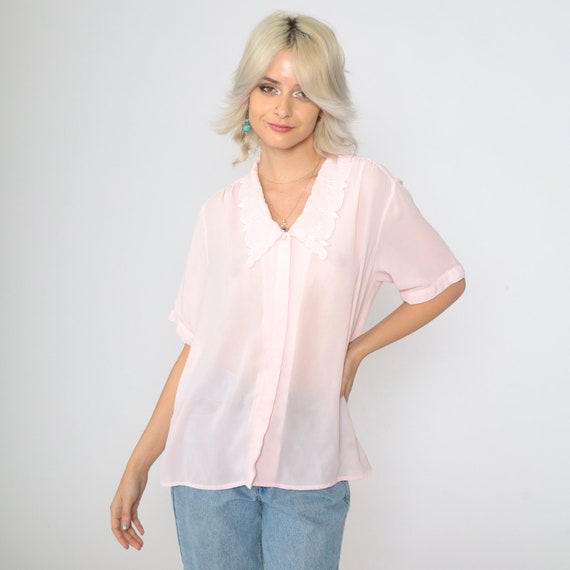 Sheer Pink Blouse 90s Top Embroidered Collar Floral Blouse Baby Pink Shirt Button Up Shirt Short sleeve Vintage Extra Large xl 16