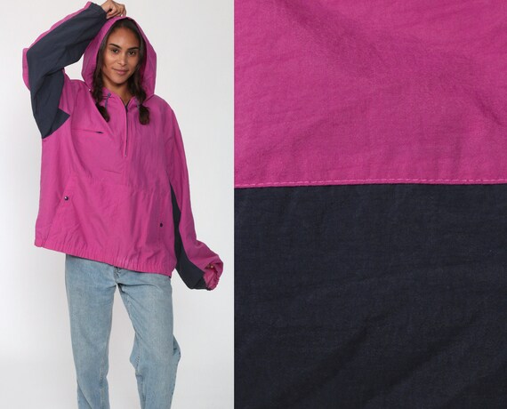 Hooded Windbreaker Jacket Magenta Pullover Jacket 90s Hoodie Izod Jacket Vintage 1990s Hood Striped Pink Purple Extra Large xl