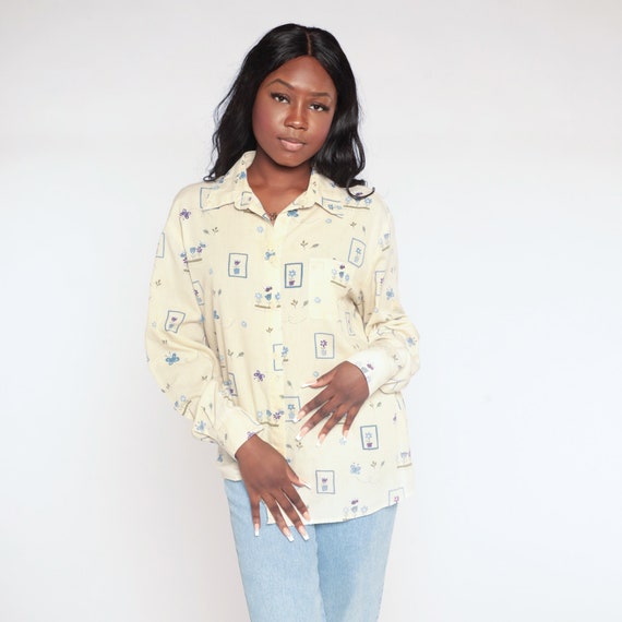 Yellow Butterfly Shirt 90s Button Up Top Retro Fl… - image 4